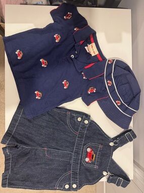 VTG Toffee Apple Baby Boy Outfit Set 3pc Car Embroidered Overalls Polo Hat Blue